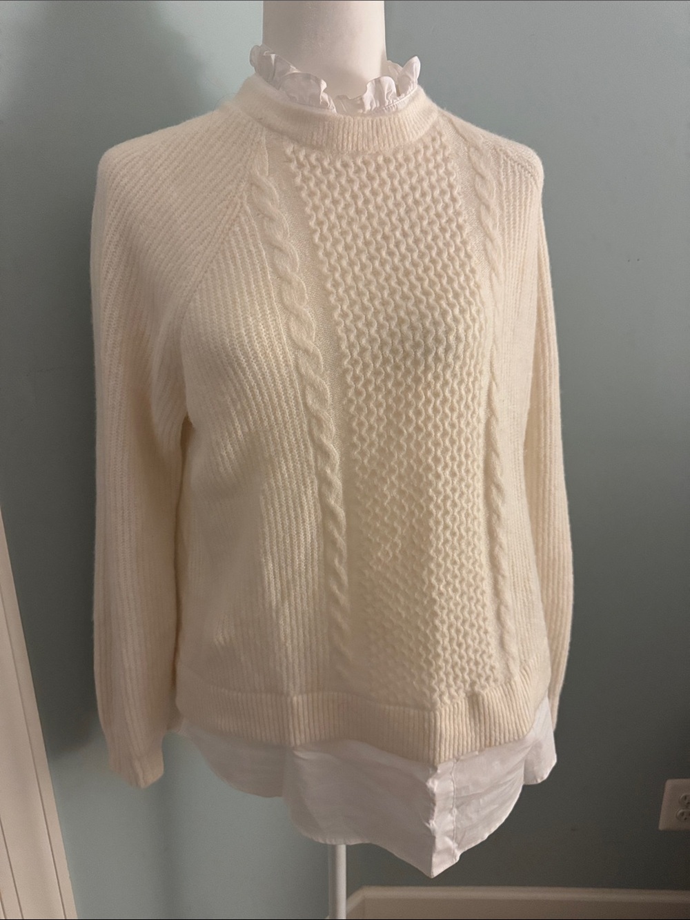 Loft Cream Cable-Knit Sweater - Classic Crewneck with built in collar and hem